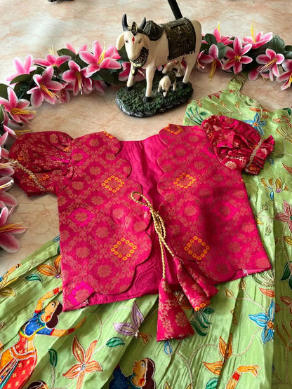 Beautiful Position & Kalamkari Kids Gown with Coat - Pista