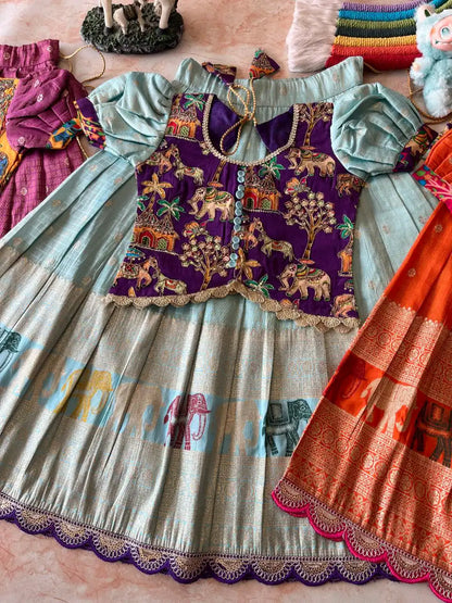 Kids Elephant 3D Weaving Lehenga - Sky