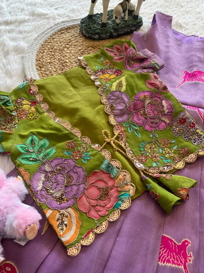 Parrot Design Floral Kids Gown with Coat - Lilac