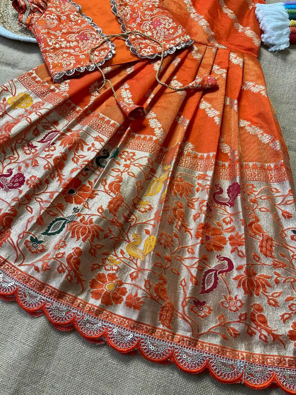 Soft Tissue Silk Paithani Weaving Kids Gown - Orange