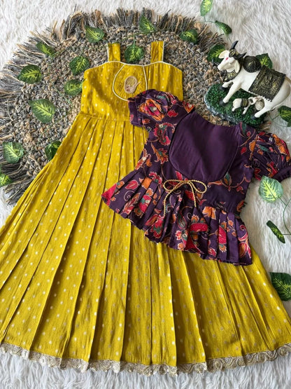 Kids Tissue Gown Kalamkari Mirror Work Coat - Yellow