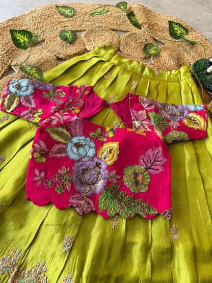 Kids Rainbow Work Designer Lehenga - Pink & Parrot