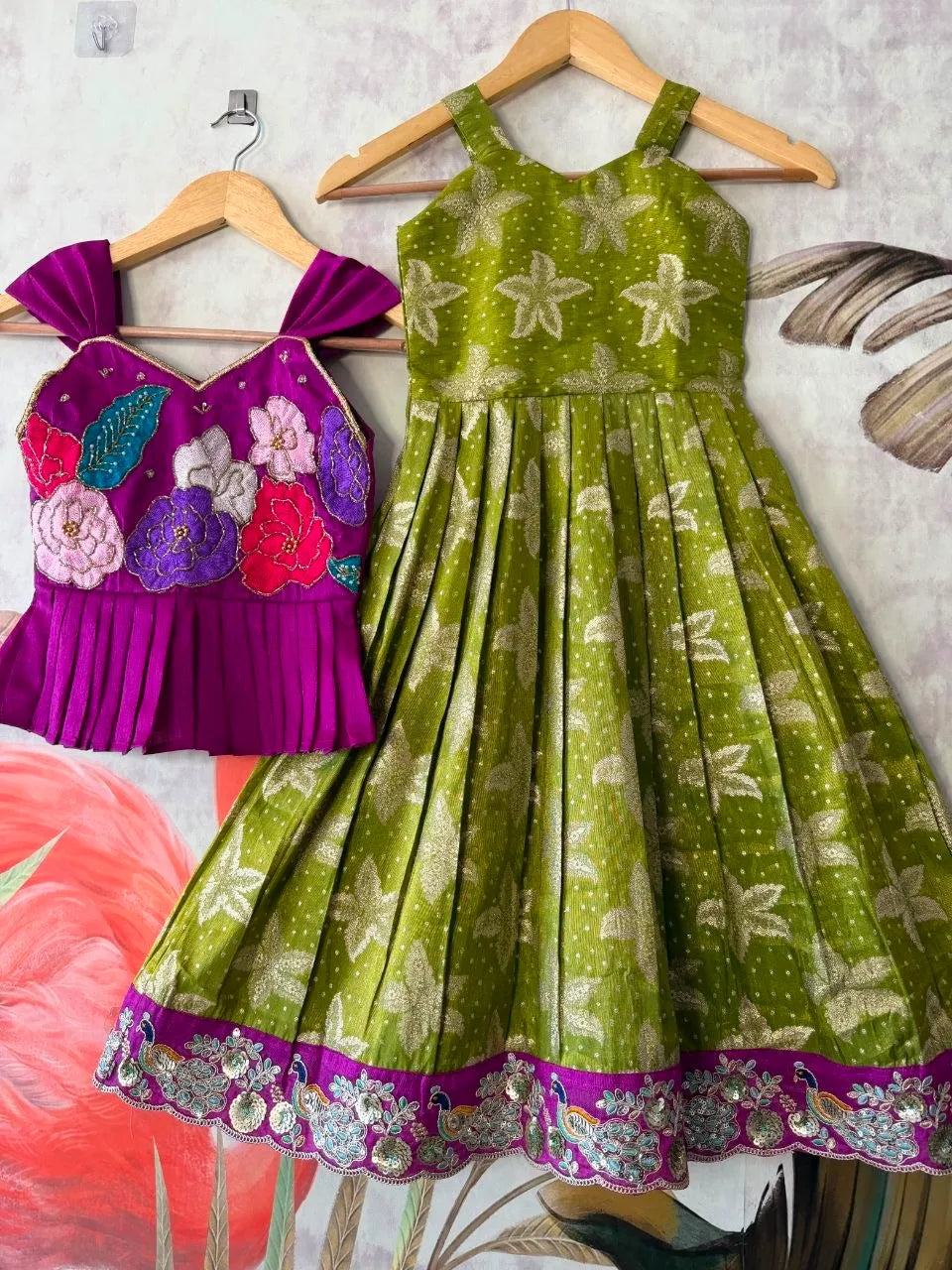 Kids Floral Gown with Maggam Work Coat - Parrot