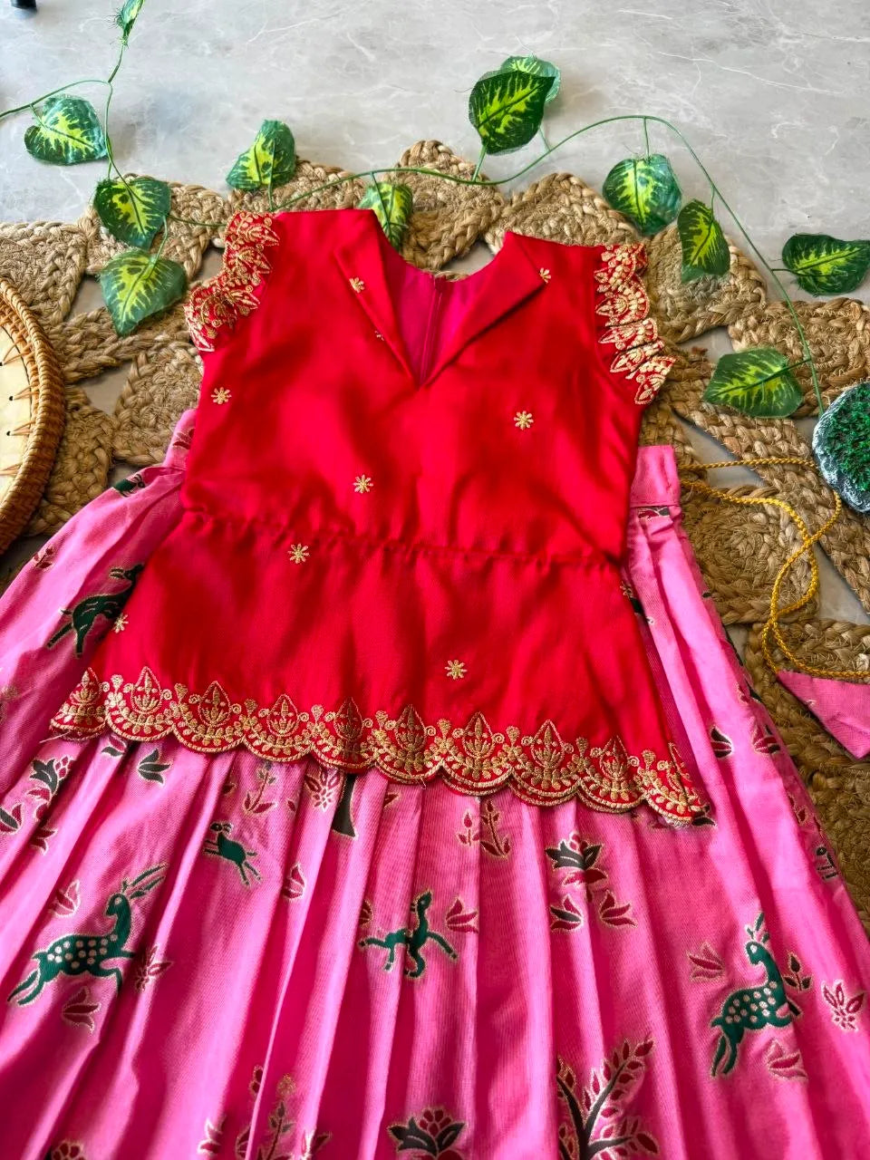 Kids Jungle Theme Position Jacquard Lehenga - Red-Pink