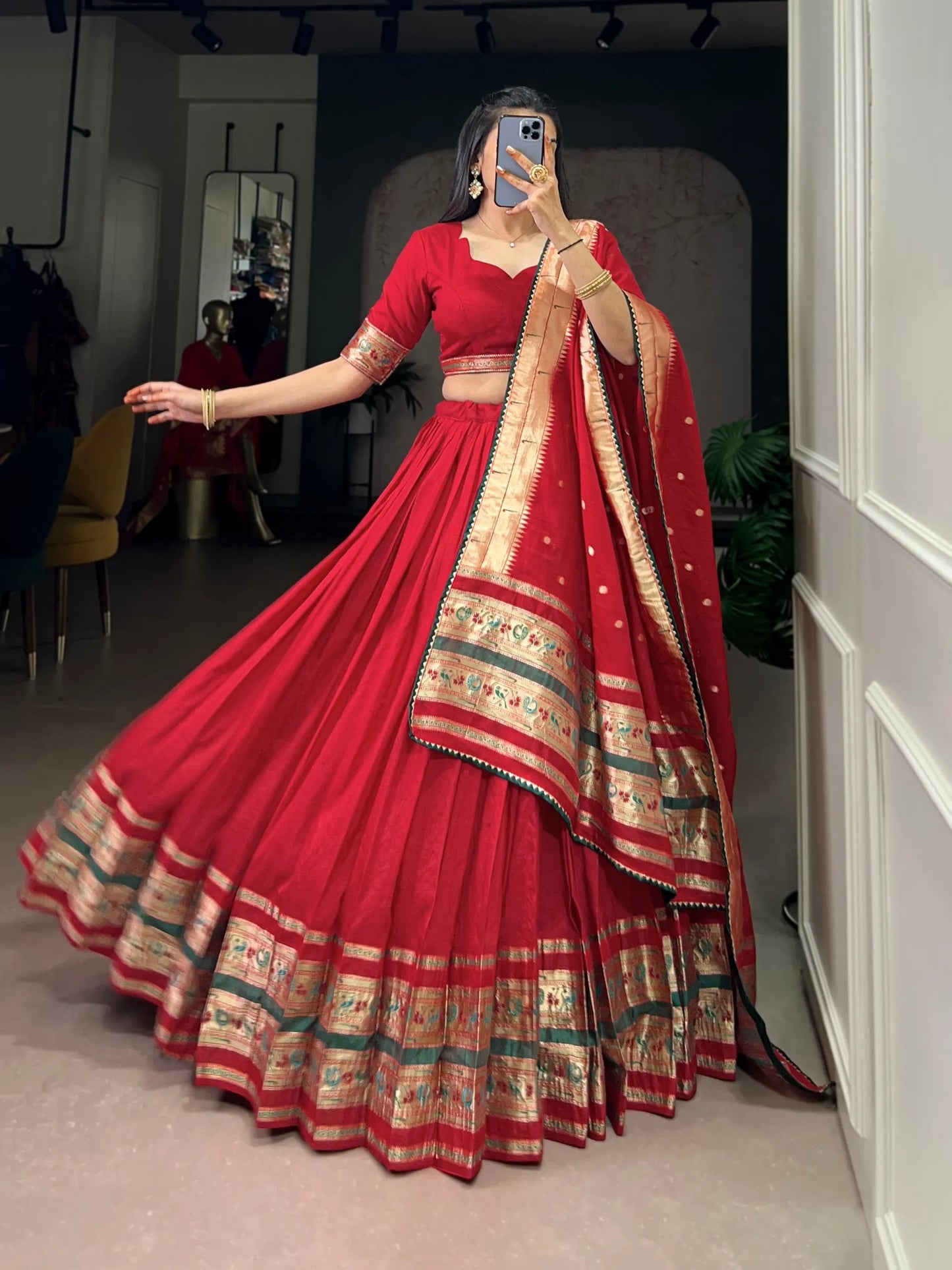 Soft Pure Chanderi Gotta Patti Lace Paithani Lehenga Choli - Red