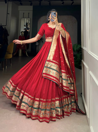 Soft Pure Chanderi Gotta Patti Lace Paithani Lehenga Choli - Red