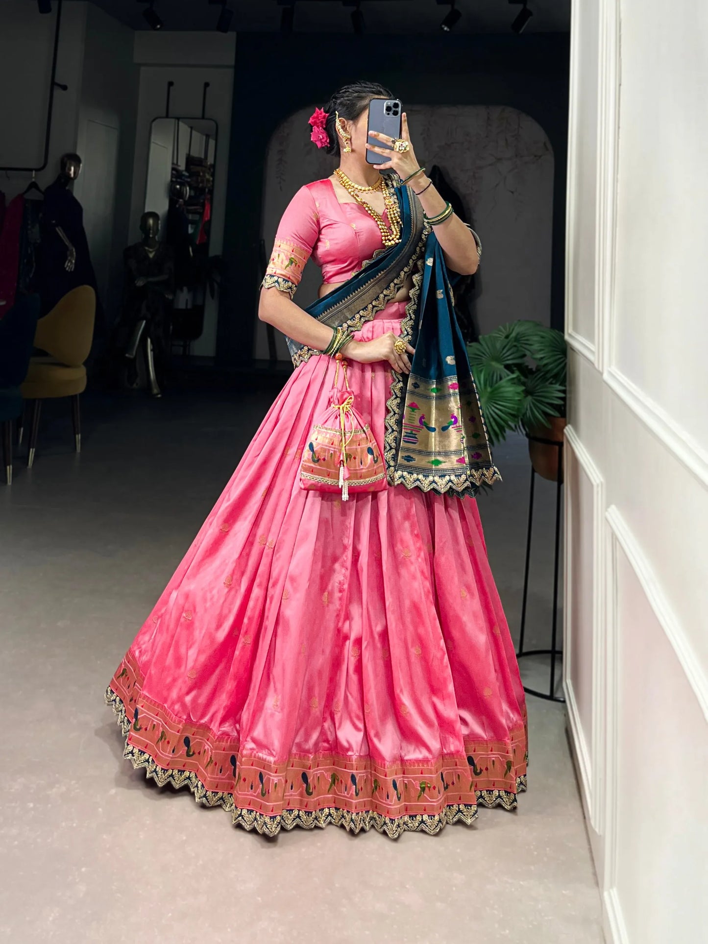 Maharashtrian Wedding Paithani Lehenga Choli - Light Pink