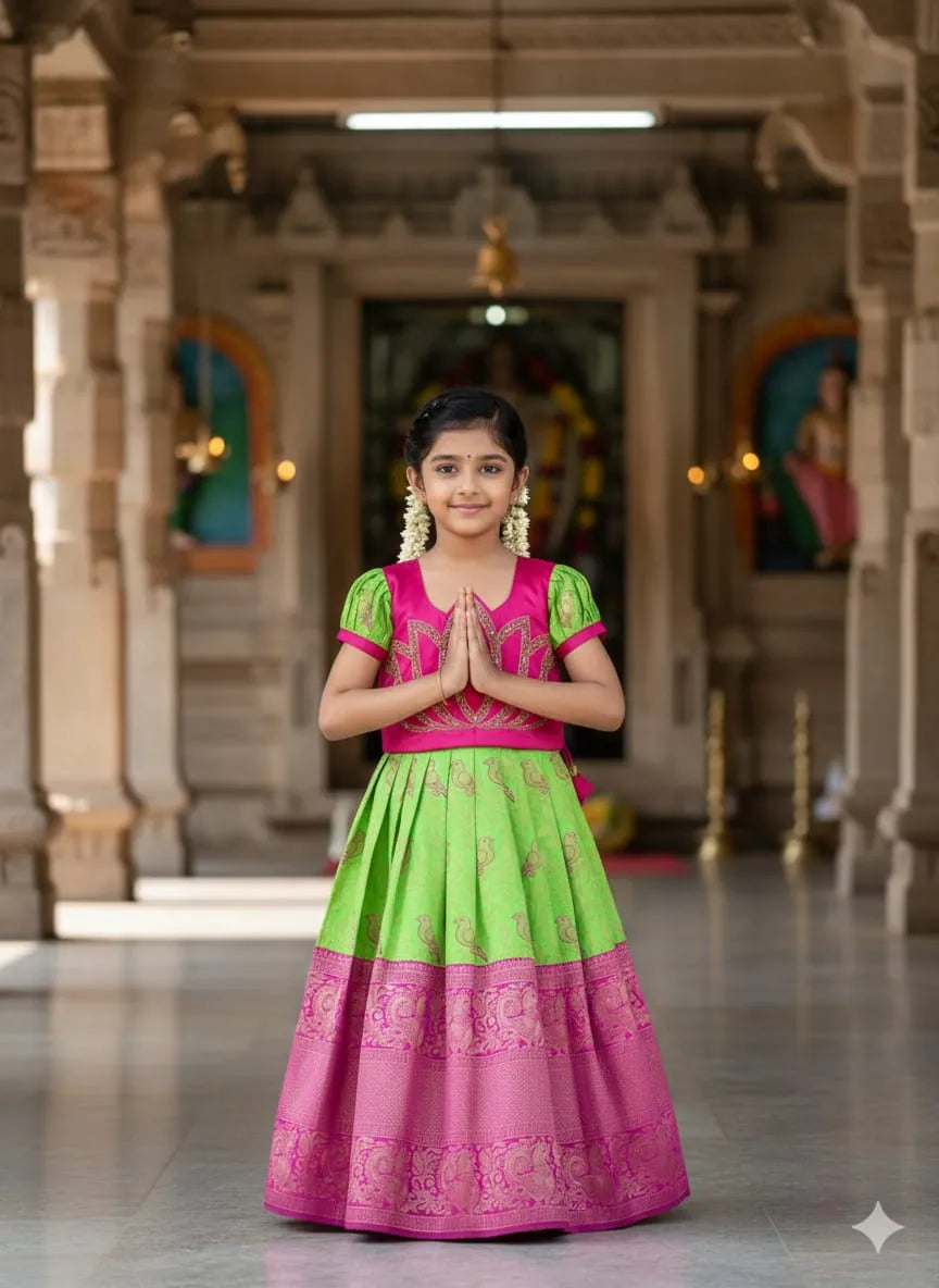 Jaquard Silk Lotus Maggam Work Gown/Frock - Pink & Parrot