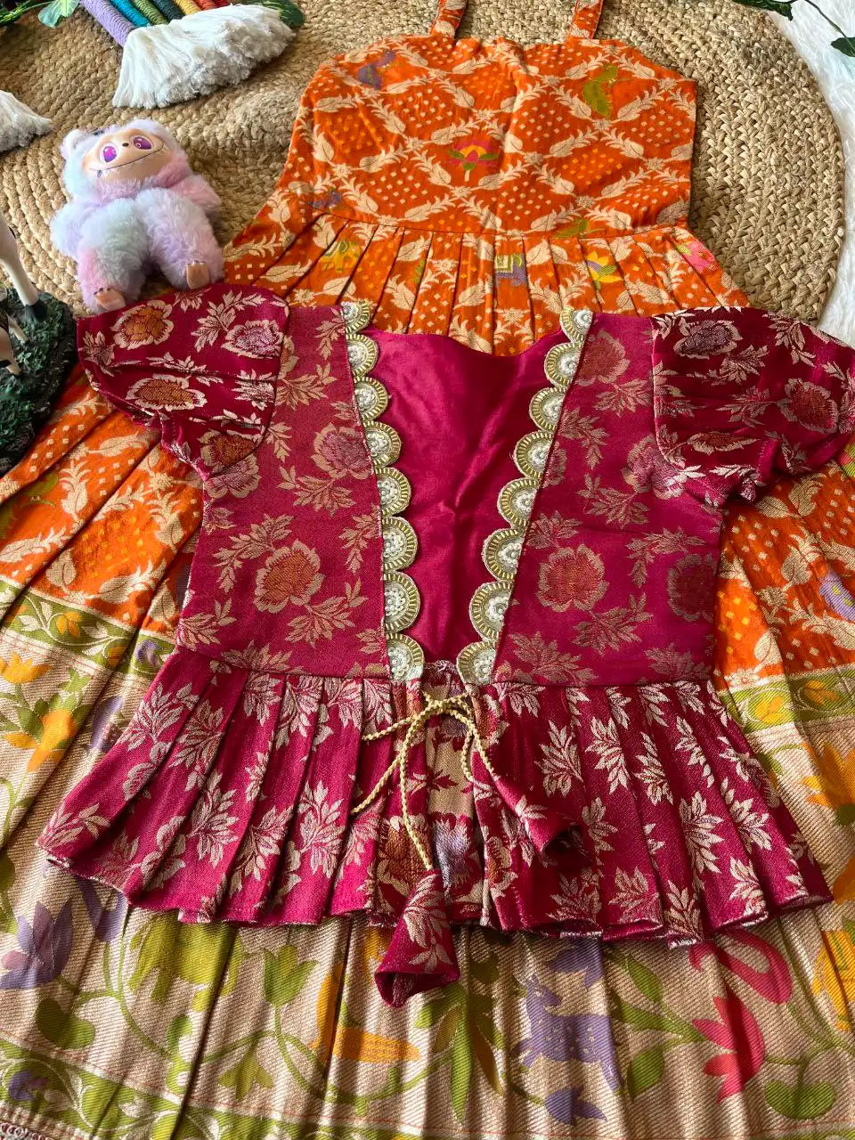Kids Gown with Designer Coat- Rani Pink & Orange