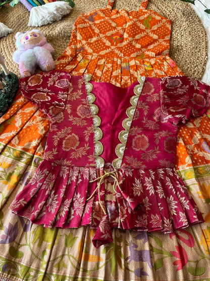 Kids Gown with Designer Coat- Rani Pink & Orange