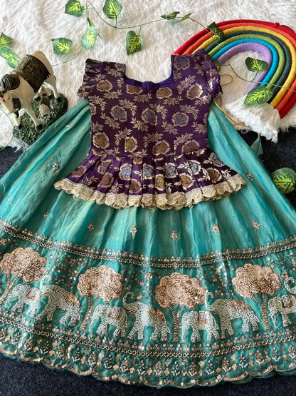 Elephant Garden – Kids Festive Lehenga Set - Sky
