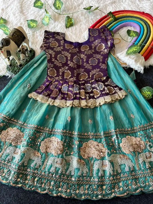 Elephant Garden – Kids Festive Lehenga Set - Sky