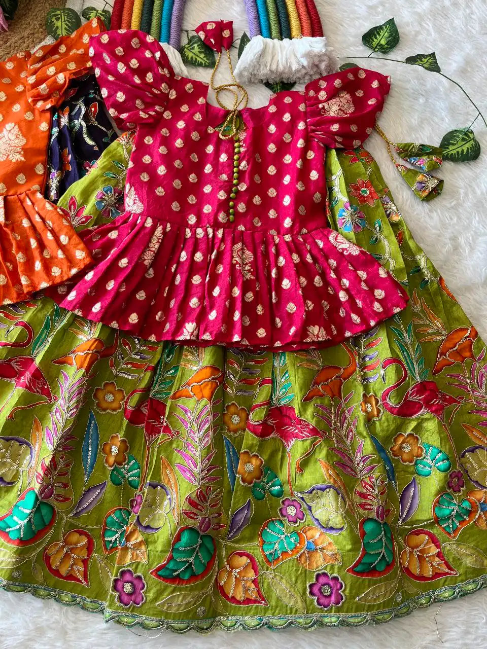 Kids Dola Silk Position Embroidered Lehenga Set - Pink