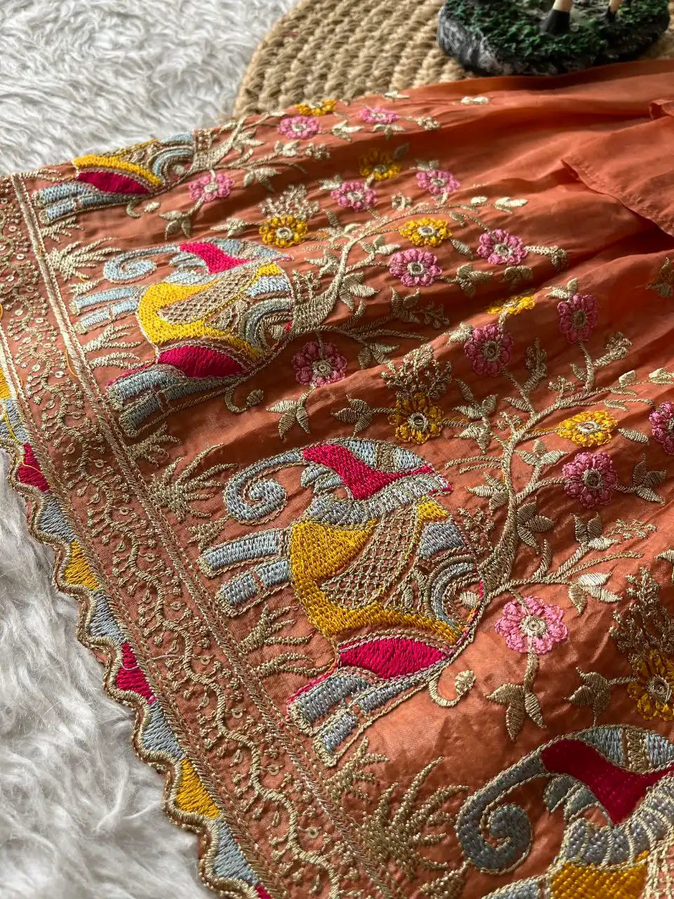 Kids Crush Fabric Elephant Embroidery Lehenga Set - Orange