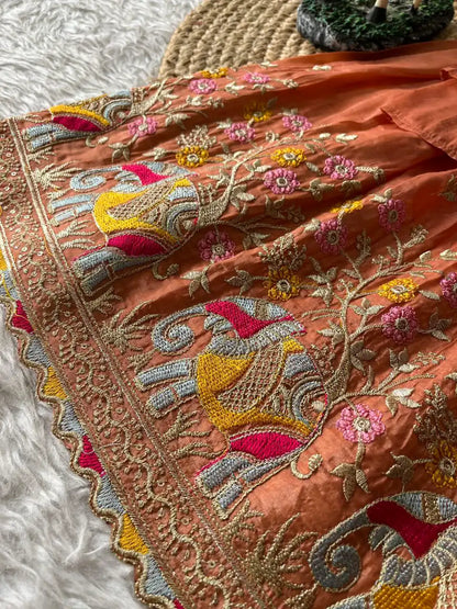 Kids Crush Fabric Elephant Embroidery Lehenga Set - Orange