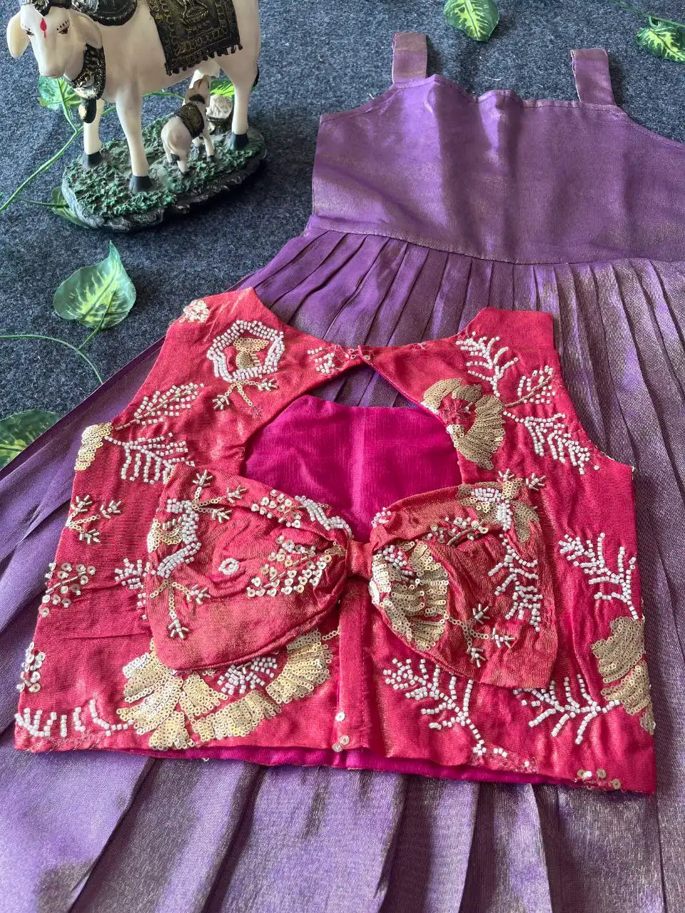 Kids Tissue Gown with Handwork Coat - Lilac & pink