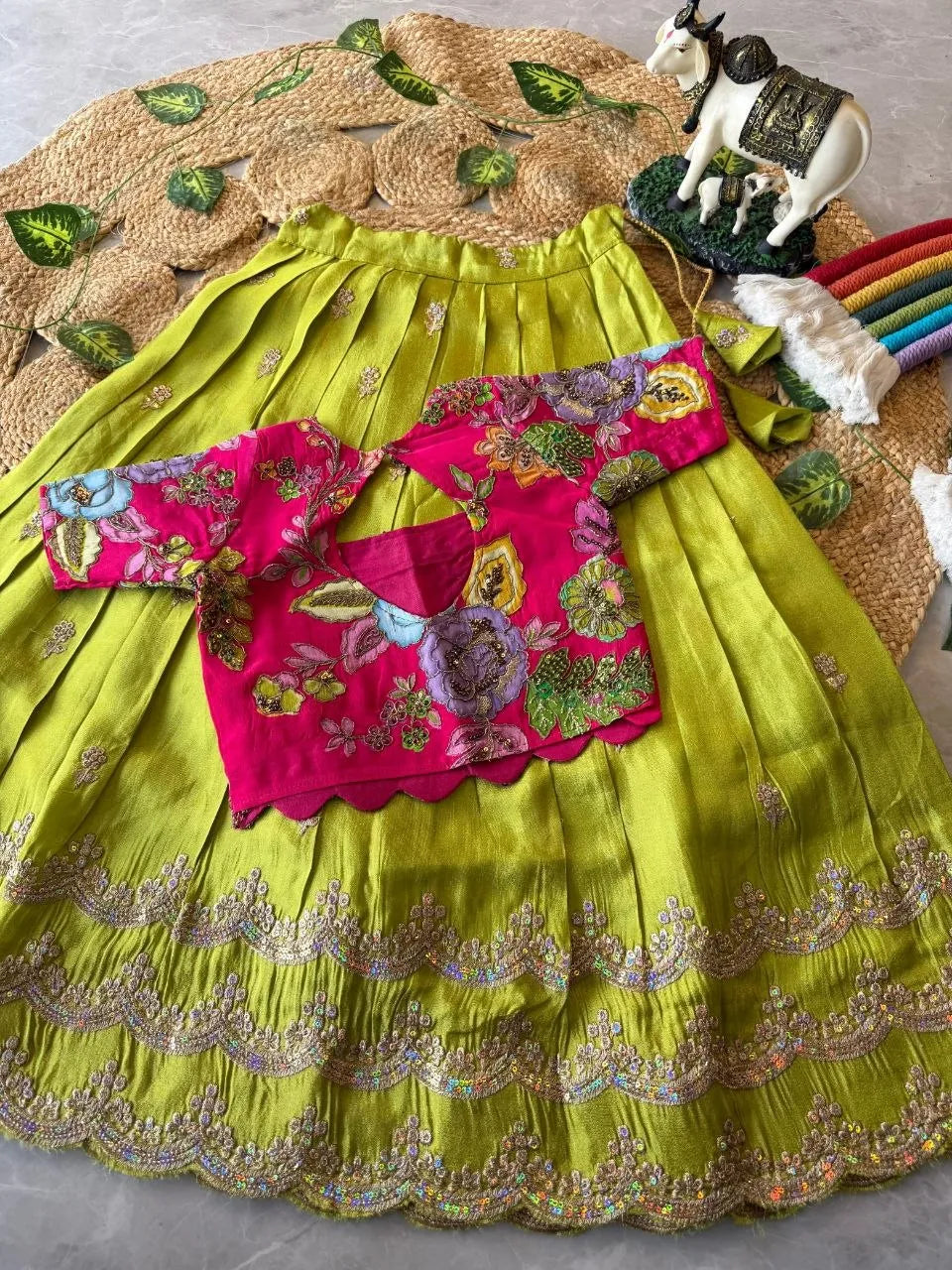 Kids Rainbow Work Designer Lehenga - Pink & Parrot