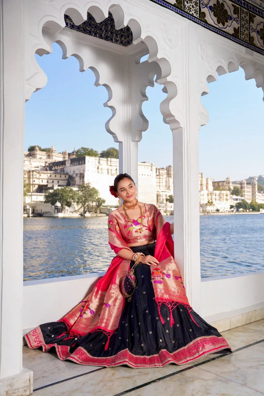 Traditional Paithani Lehenga with Dupatta & Batwa - Black