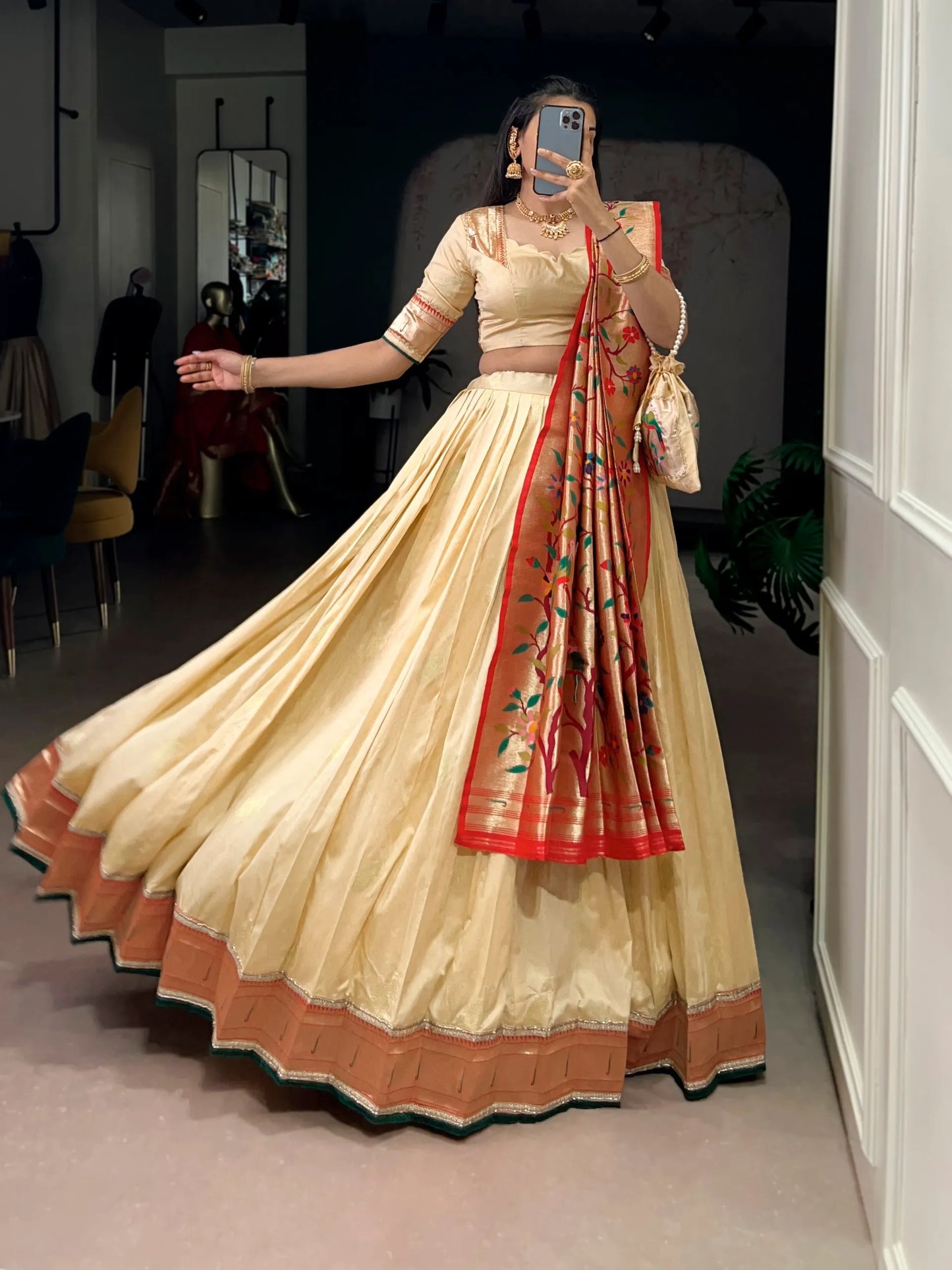 Traditional Maharashtrian Paithani Lehenga Choli for Wedding - Cream