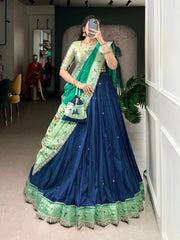 Soft Silk Paithani Embroidery Thread Work Lehenga Choli - Navy Blue