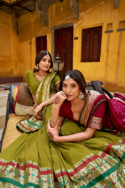 Soft Pure Chanderi Gotta Patti Lace Paithani Lehenga Choli - Mahendi