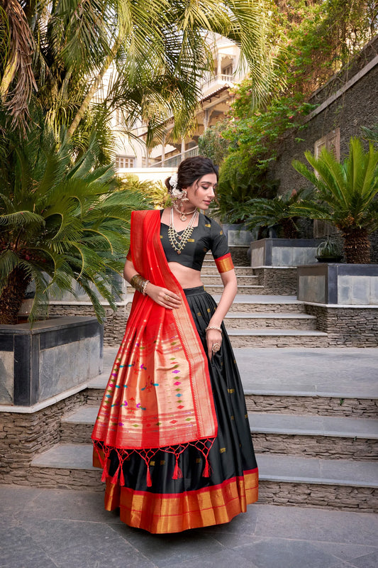 Royal Zari Jacquard Weaves Paithani Lehenga Choli - Black