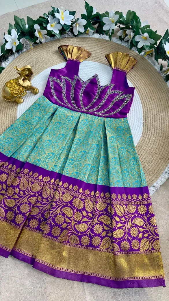 Jaquard Silk Lotus Maggam Work Gown/Frock - Purple & Sky
