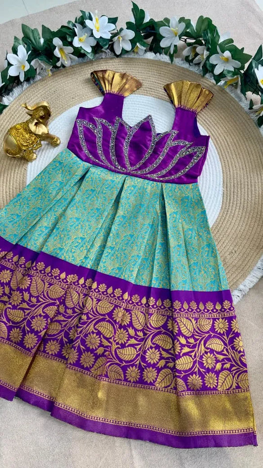 Jaquard Silk Lotus Maggam Work Gown/Frock - Purple & Sky