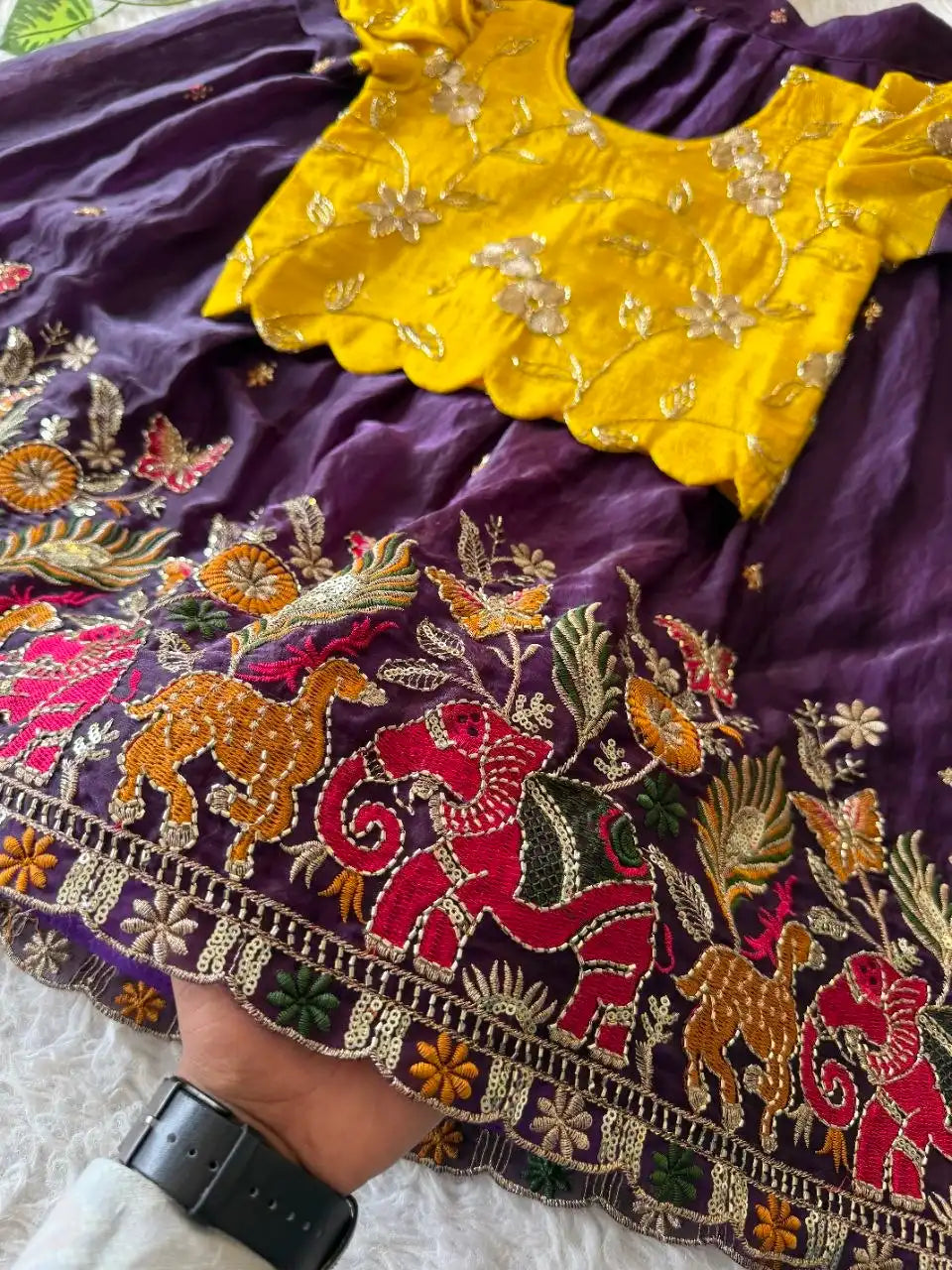 Kids Elephant Bloom Garden Lehenga Choli Set - Purple