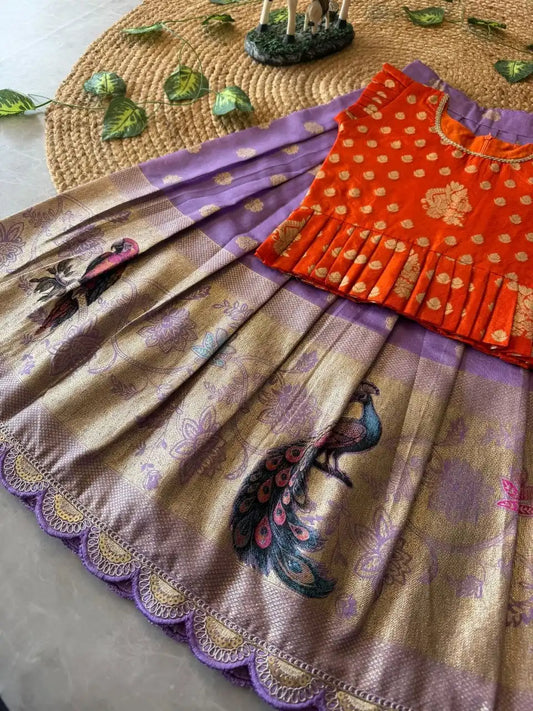 Peacock Grace Kids Lehenga Set - Orange & Lilac