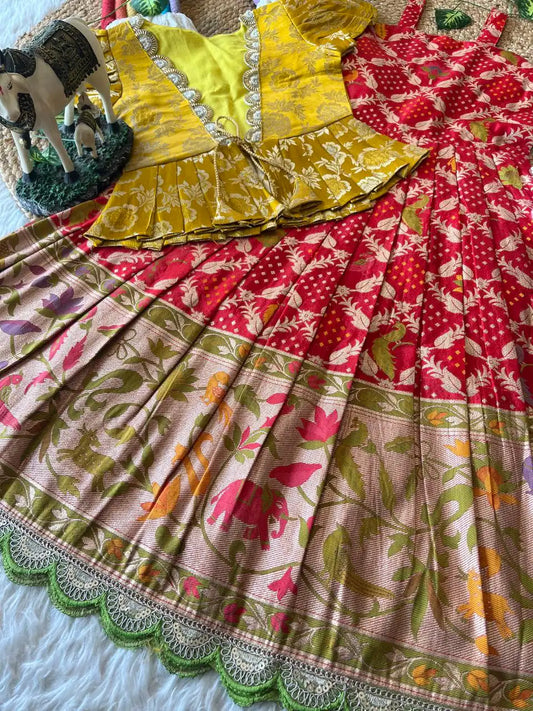 Kids Gown with Designer Coat - Yellow & Red