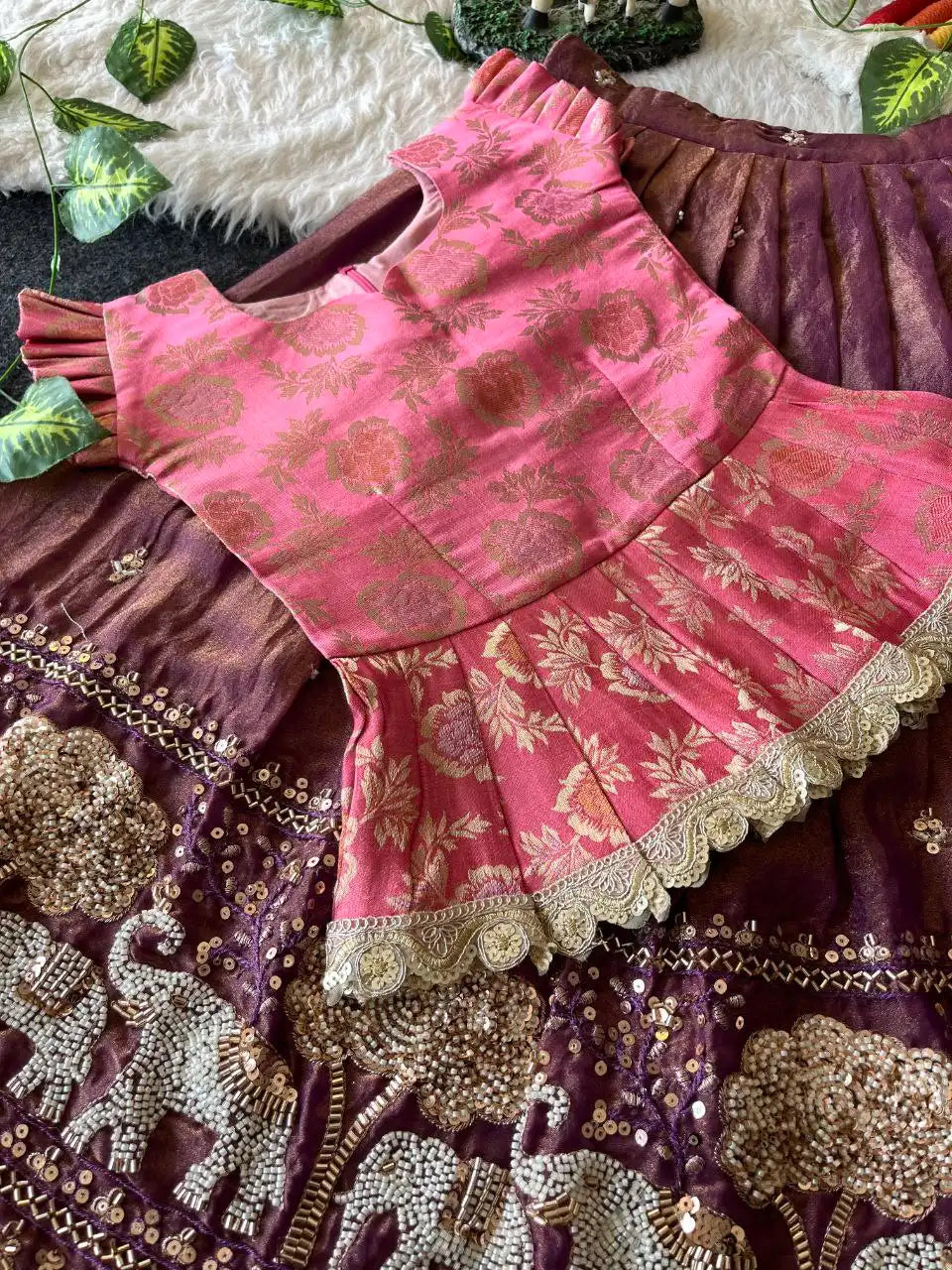 Elephant Garden – Kids Festive Lehenga Set - Wine