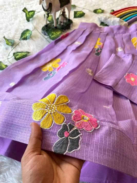 Kids Kota Chex Floral Lehenga Set - Lavender