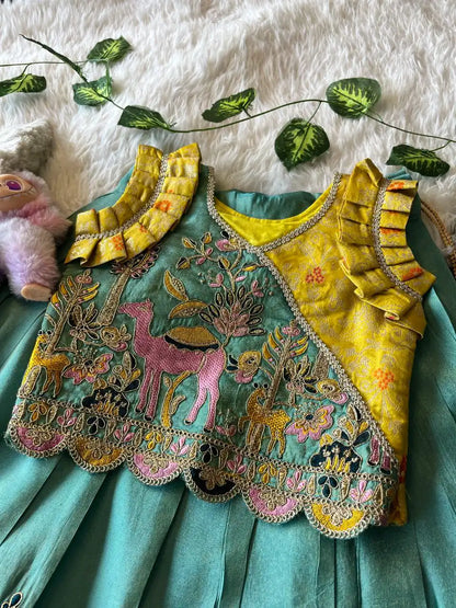 Kids Nature Designer Lehenga Set - Yellow & Sky