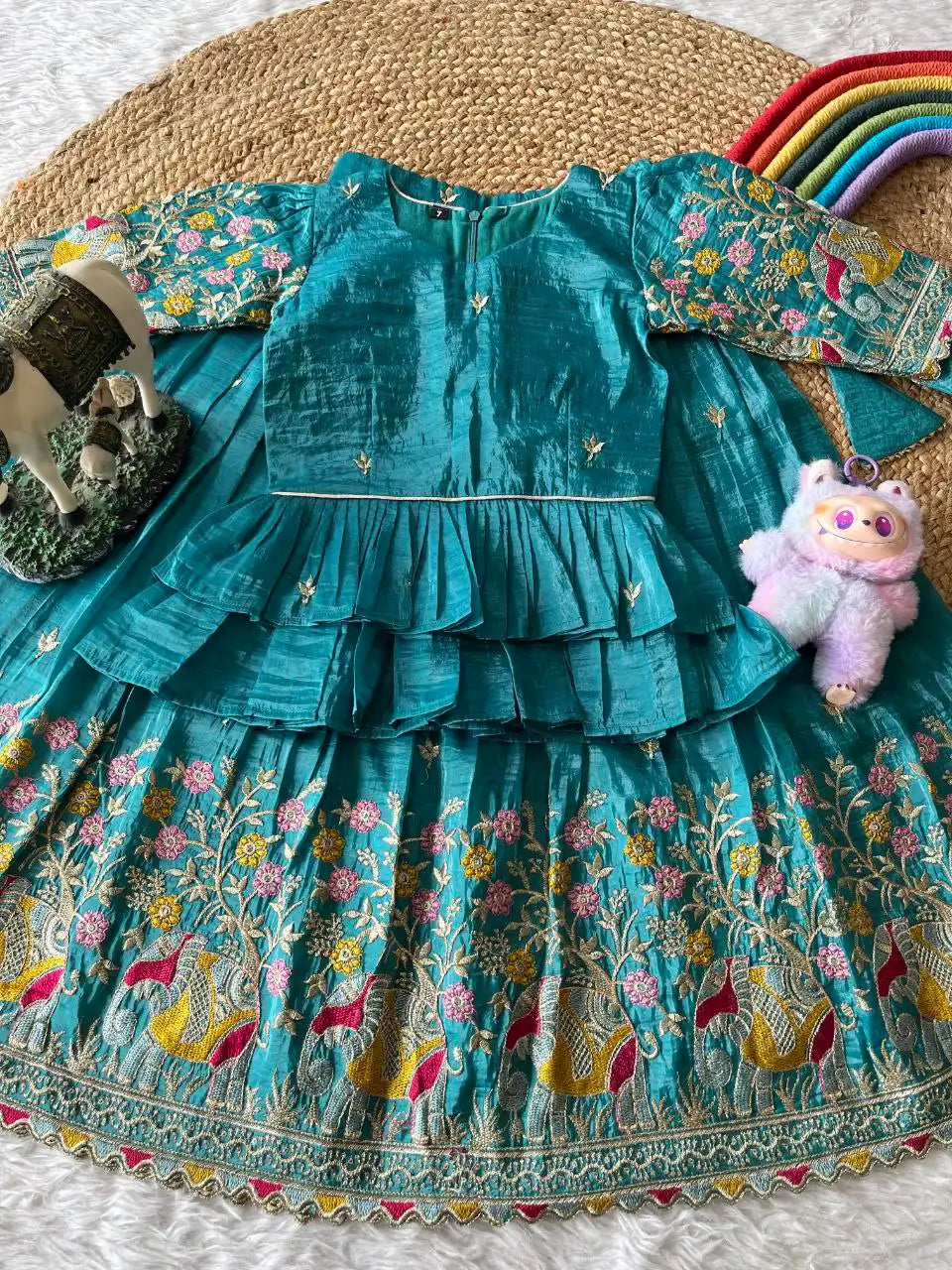 Kids Crush Fabric Elephant Embroidery Lehenga Set - Sky