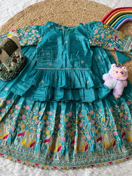 Kids Crush Fabric Elephant Embroidery Lehenga Set - Sky