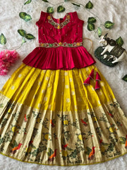 Soft Khadi Georgette Bird Weaving Lehenga - Yellow