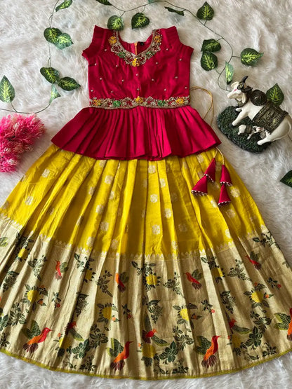 Soft Khadi Georgette Bird Weaving Lehenga - Yellow