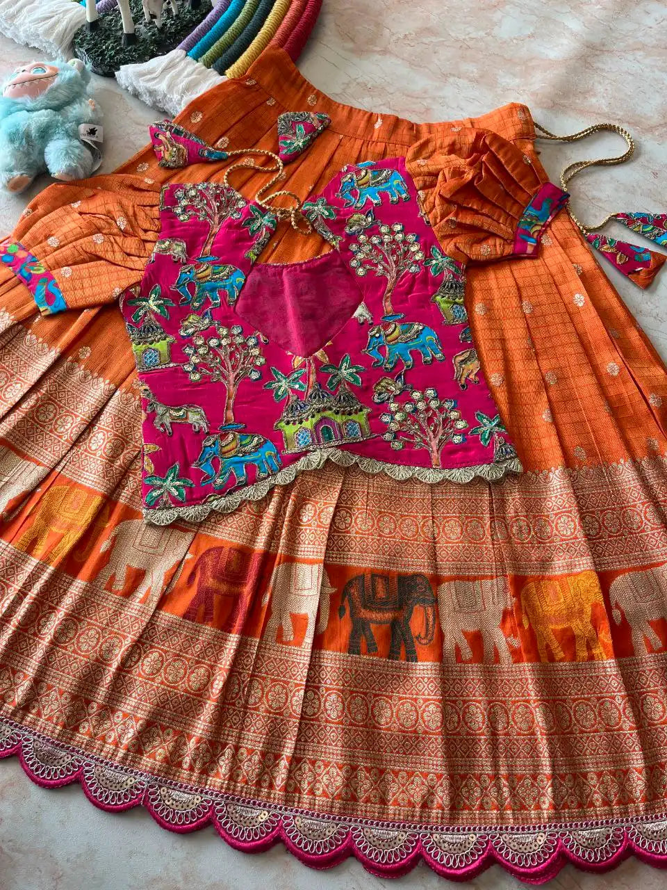 Kids Elephant 3D Weaving Lehenga - Orange