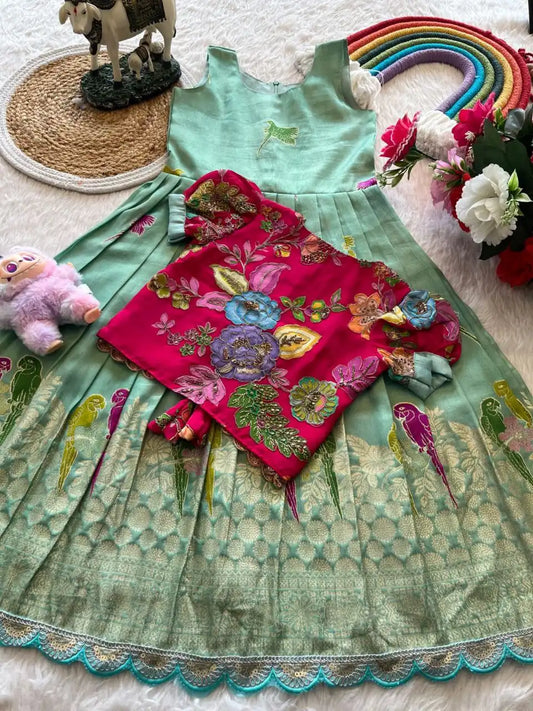 Parrot Design Floral Kids Gown with Coat - Sky