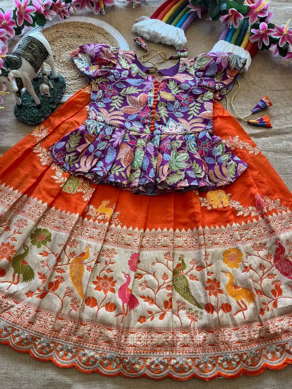 Kids Khadi Silk Animal Theme Weaving Lehenga - Orange