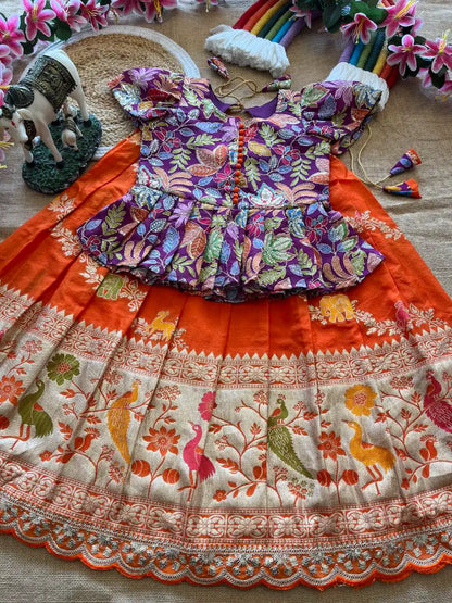 Kids Khadi Silk Animal Theme Weaving Lehenga - Orange