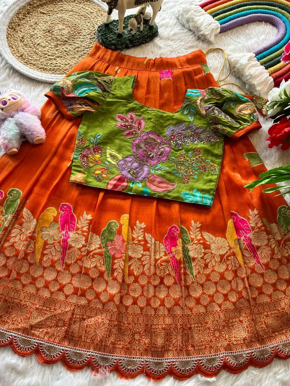 Kids Crepe Position Printed Lehenga - Orange