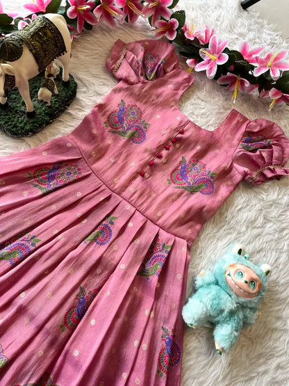 Kids Tissue Silk Paithani Weaving  Gown - Baby Pink