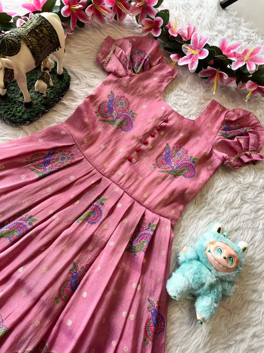 Kids Tissue Silk Paithani Weaving  Gown - Baby Pink