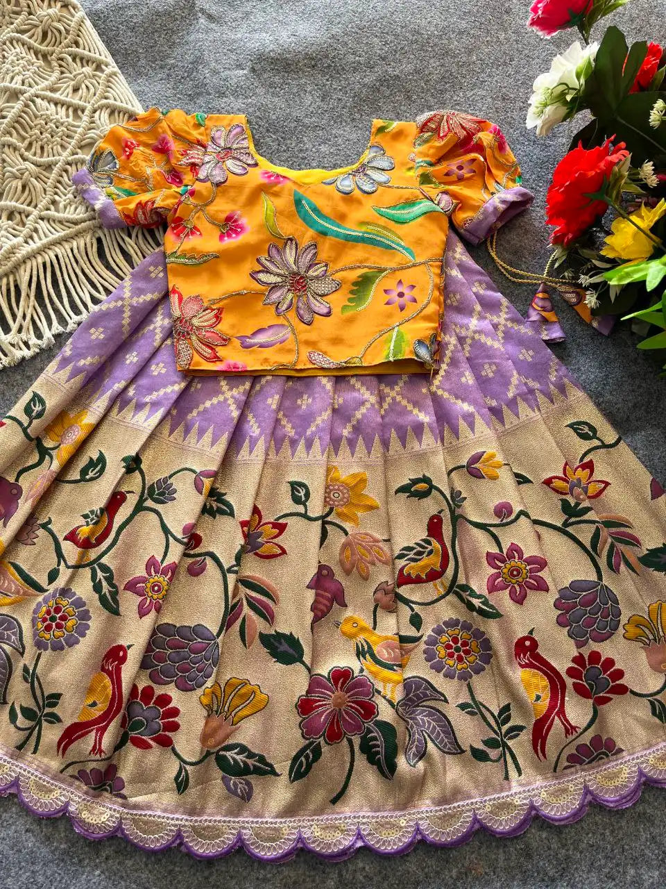 Dola Silk Parrot Meena Weaving Kids Lehenga - Lavender