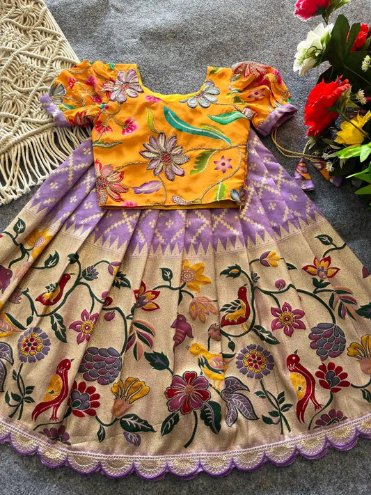 Dola Silk Parrot Meena Weaving Kids Lehenga - Lavender