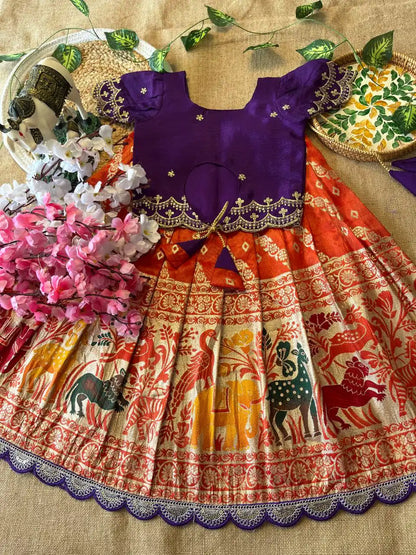 Animals Bandhej Leheriya Kids Lahenga - Purple