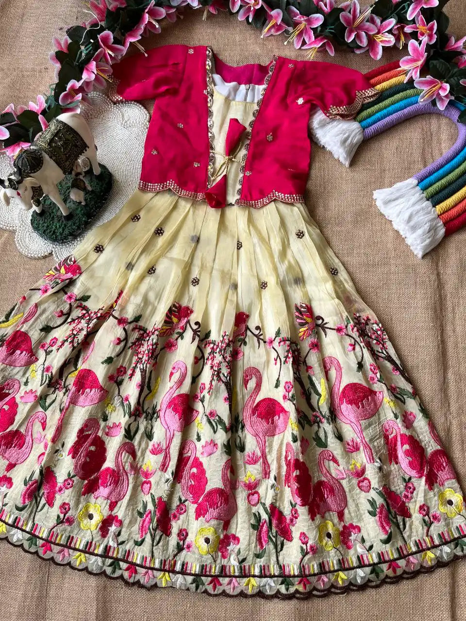 Flamingo Embroidery Kids Gown & Coat - Cream
