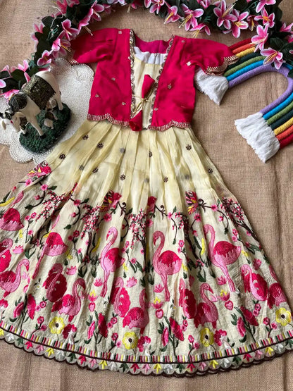 Flamingo Embroidery Kids Gown & Coat - Cream